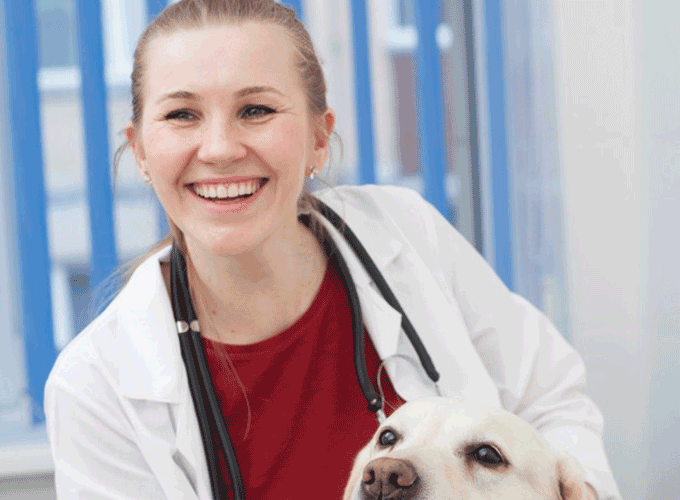わんちゃんとにっこり微笑む動物看護師